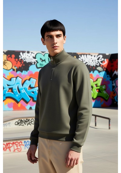 Benerly Erkek Dik Yaka Standart Kol Regular Kalıp Sweatshirt Fonksiyonel Haki