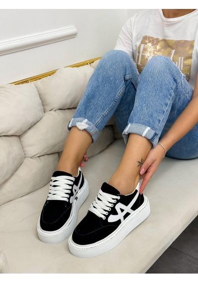 Erva'nın Butiği Siyah Beyaz Tig Kadın Bağcıklı Sneakers-4890 Siyah Beyaz Süet
