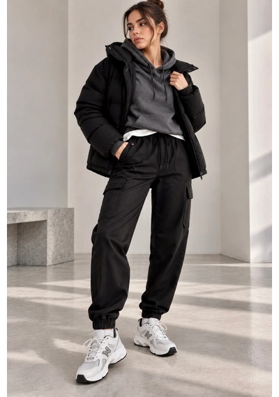 Bb Butik Basic Kadın Poliviskon Gabardin Cargo Jogger Pantolon Dm3535 siyah