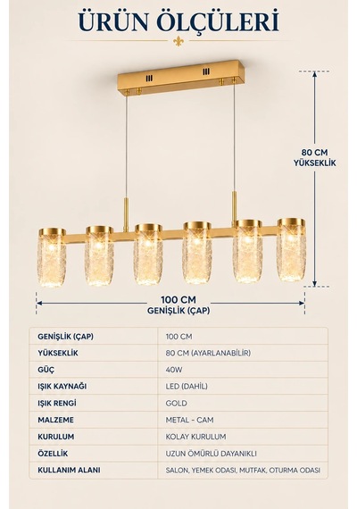 Modern Premium 6'lı Gold Sarkıt Avize Dekoratif Salon Yemek Masası Aydınlatması 40w