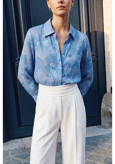 Sateen Çizgi Ve Çiçek Desenli Gömlek - Mavi-137460