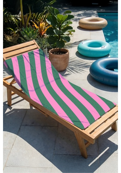 Çizgili Pembe Yeşil Modern Plaj Havlusu - Minimalist Çapraz Çizgi Hızlı Kuruyan Mikrofiber Havlu Çok Renkli