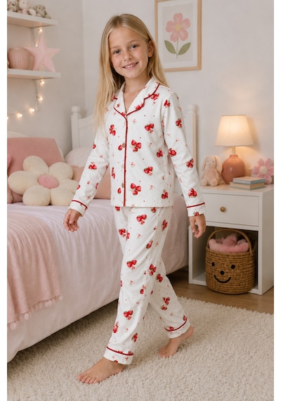 Beniizle Kız Çocuk Çilek Desenli Uzun Kollu Pijama Takımı Beyaz