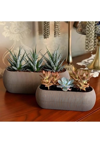 Mercan Saksı Set Dekoratif Drenajlı Çizgili Mat 5 Parça, Gri