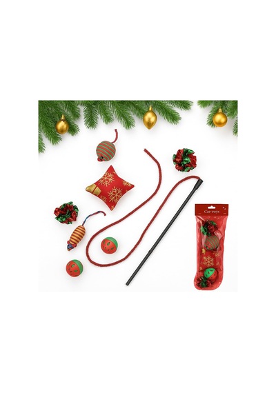 Yılbaşı Temalı Kedi Oyuncak Seti 8 Parça Zilli Ve Hışırtılı Toplar, İpli Fareler, Peluş Noel Yastığı