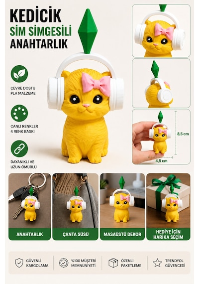 11 Cm Sims Plumbob Kulaklıklı Kristalli-dekoratif Sevimli Kedi Biblo 37401463