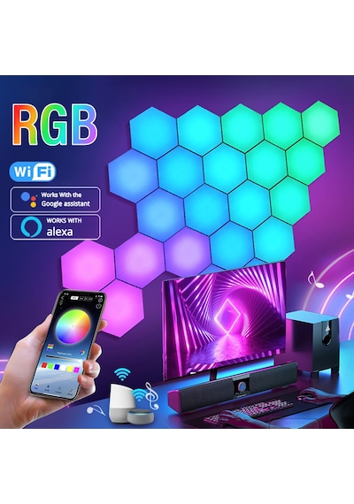 Rgb Led Akıllı Altıgen Duvar Lambası Kumandalı Gece Işığı RGB