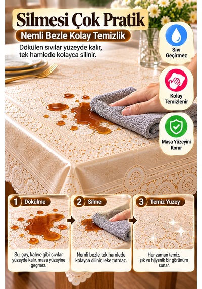 Krem 120x152 Cm Dantel Görünümlü Pvc Masa Örtüsü Sıvı Geçirmez Silinebilir Mutfak Masa Örtüsü Lüks