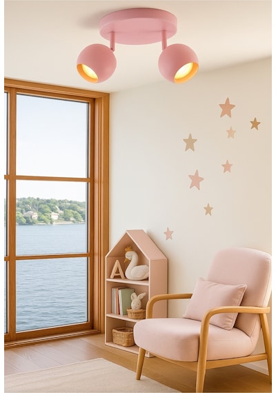 Mylights Pembe Bebek Çocuk Odası İkili Metal Küre Led Tavan Avize Gu10 Tasarruflu Hareketli Başlık Pembe