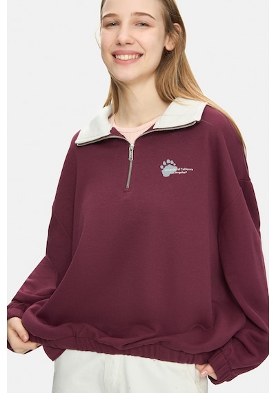 Ucla Yoko Bordo Fermuarlı Baskılı Oversize Fit Kadın Sweatshirt Bordo