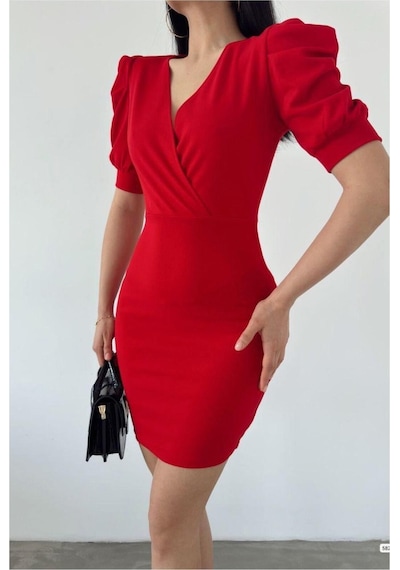 DefyModa Kadın Krep Kumaş Kruvaze Yaka Kısa Kollu Abiye Elbise Kırmızı