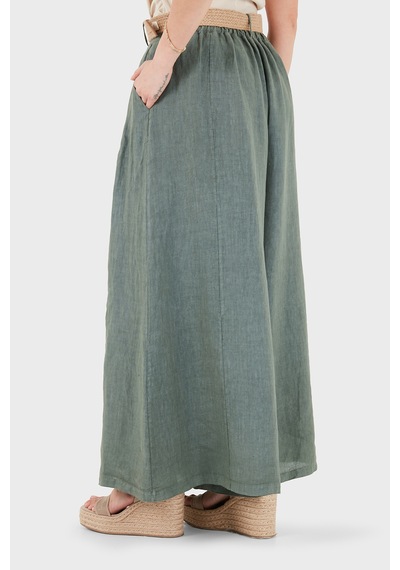 Via Dante Relaxed Fit Yüksek Bel Bol Paça Keten Pantolon Bayan Pantolon 7544 Haki