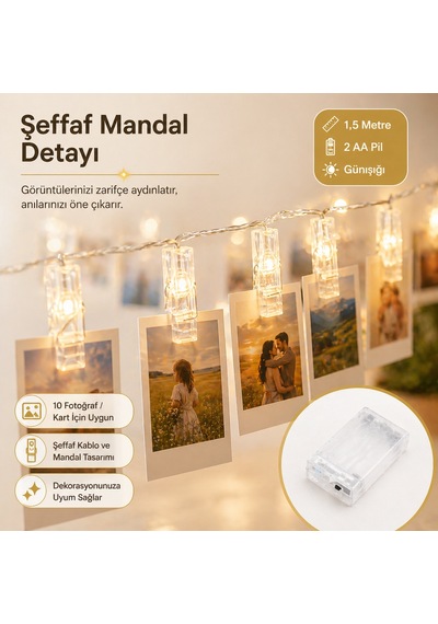 Led Işıklı Fotoğraf Asma Mandalları Pilli Animasyonlu 10 lu 1,5 Metre Zincir Dekoratif Aydınlatma