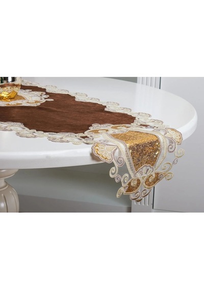 Aydan Aplikeli Güpürlü Kadife Kahverengi Salon Takımı 5 Parça 50 X 140 Cm 1451 Kahve