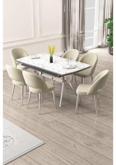 Canisa Weps Serisi 89x150 Açılabilir Lak Panel Beyaz Mermer Krom Ayak Masa Takımı Ve 6 Krem Sandalye Beyaz Mermer Desen Masa Krem Sandalye Canisa Weps Serisi 89x150 Açılabilir Lak Panel Beyaz Mermer Krom Ayak Masa Takımı Ve 6 Krem Sandalye Beyaz Mermer Desen Masa Krem Sandalye