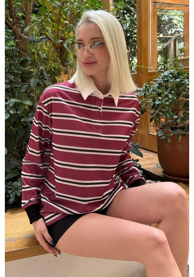 Bordo Çizgili Polo Yaka Kadın Uzun Kollu Tişört Mg2575 Bordo