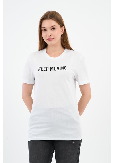 Baskılı Bisiklet Yaka Pamuklu T-shirt Beyaz