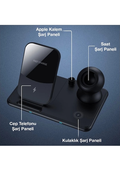 Ally W58 15w Qi Hızlı Şarj 4 İn 1 Apple     Uyumlu iPhone+ AirPods Pro Kablosuz Şarj Standı- 5775
