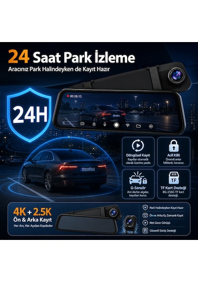 Pasens Araç Dikiz Aynası Dvr 4k Ultra Hd Ön + 1080p Arka Kamera, 10" Ips Dokunmatik Ekran, Wifi & App Kontrolü, Süper Gece Görüş, Bsd