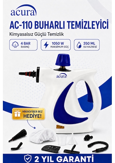 Ac-110 Buharlı Temizleyici 4 Bar, 1050 W, 9 Parça Aksesuar Ve Mikrofiber Bez Dahil