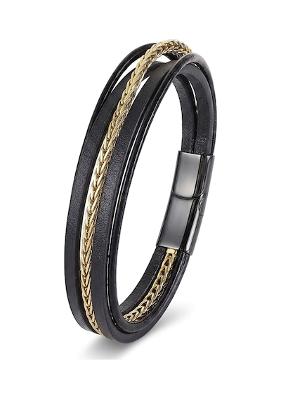 Premium Gold Çelik Zincir Detaylı Çoklu Deri Erkek 316l Çelik Bileklik 31834b18d1 Siyah - Altın