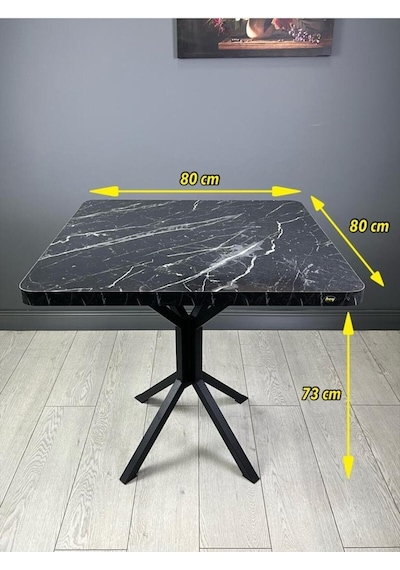 Roma Siyahmermer Mutfak Yemek Masası Balkon Masası Kavisli Köşe Metal Siyah Ayak 80 Cm