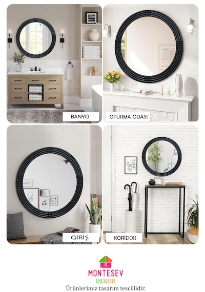 Safir Ahşap Siyah Yuvarlak Ayna Işlemeli Duvar Banyo Aynası 43 Cm Siyah