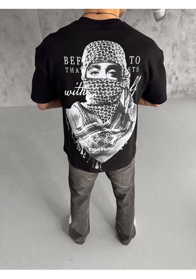 Baskılı Oversize T-shirt - Siyah -Çok Renkli