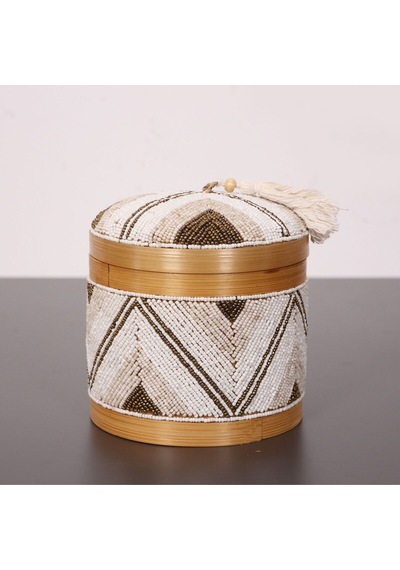 Bali Boncuklu Bambu Saklama Kutusu M 15x17 Cm Beyaz