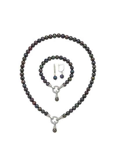 8,5 Mm Zirkon Taşlı Halka Kilitli Doğal İnci Küpe Kolye Bileklik Üçlü Set 45 Cm / Rose Gümüş