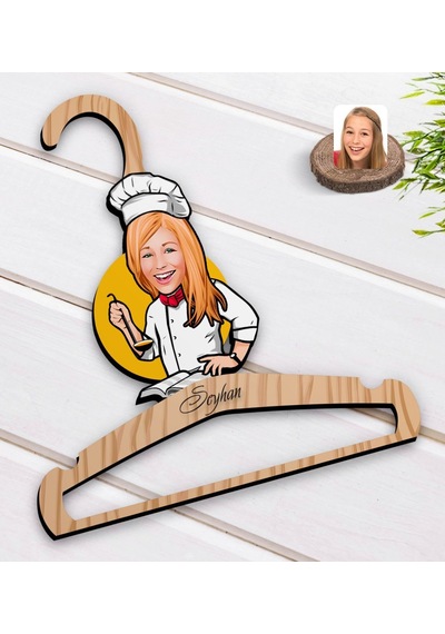 Kişiye Özel Kadın Chef Karikatürlü Standart Boy Ahşap Elbise Askısı-12