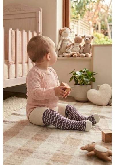 Cocole Socks Kız Bebek Külotlu Çorabı 3'lü Set Pamuklu Zigzag 0-24 Ay Çok Renkli