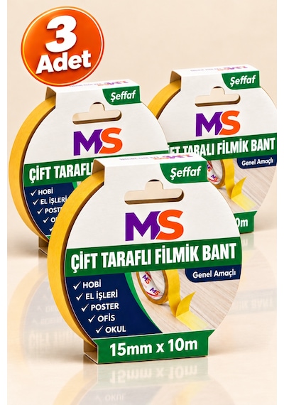 3 Adet Çift Taraflı Filmik Bant 15 Mm X 10 Metre Şeffaf Yapışkanlı Hobi Bandı El Çok Amaçlı Bantları