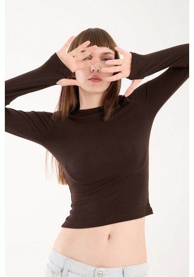 Gugus Kadın Modal/viskon Kumaş Bisiklet Yaka Parmak Geçirmeli Body Kahverengi