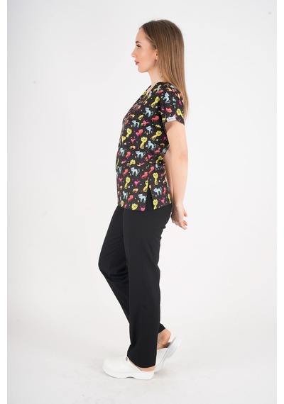 Unisex Cool Cats Club Desenli Doktor Hemşire Hastane Aşçı Mutfak Scrubs Üniforma Takım Siyah