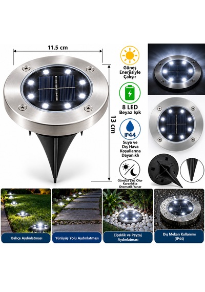Güneş Enerjili Led Çim Spotu 8 Led Beyaz Işık Ip44 Bahçe Ve Yürüyüş Yolu Aydınlatması Krom