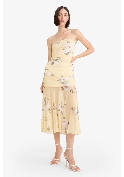 DeFacto Coool Bodycon Vücudu Saran Straplez Çiçek Desenli Tül Maxi Elbise F5577AX25SMYL272