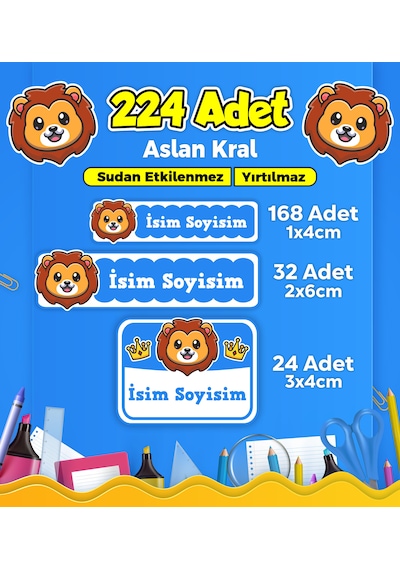 Aslan Kral Temalı Okul Kreş Kişiye Özel İsim Etiket Seti - Model 2 Çok Renkli