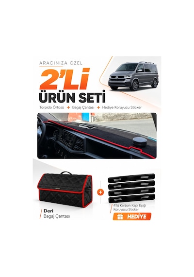 Volkswagen Transporter T7 2021-2024 Uyumlu Torpido Örtüsü + Deri Çanta Seti - Siyah Kırmızı