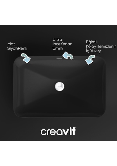 Creavit Ultra Dikdörtgen Çanak Lavabo 60cm Mat Siyah Ul060-00sm00e-0000
