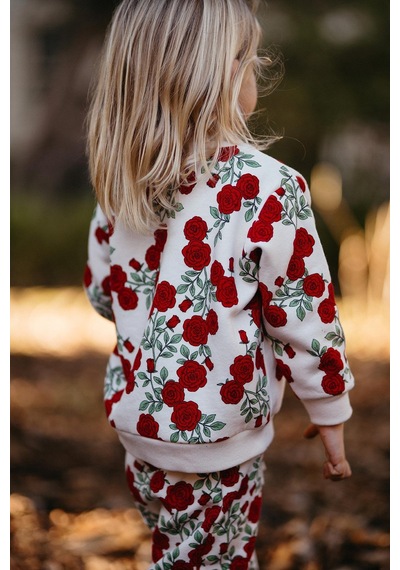 Antebies Organik Gots Sertifikalı Gül Bahçesi Desenli, Uzun Kollu Ribanalı Sweatshirt, Bel Lastikli Bağcıklı Pantolonlu Bebek Takımı Kırmızı