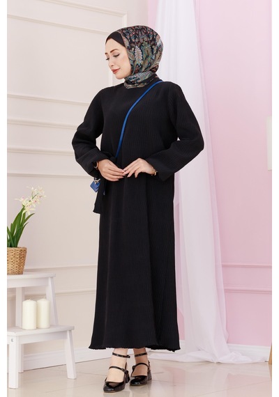 Sevitli Beli Kuşaklı Luna Tesettür Elbise-siyah-4886 Siyah