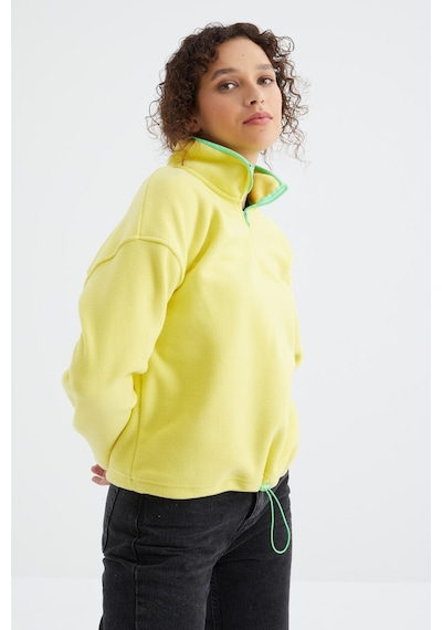 Tommy Life Limon Yarım Fermuar Etek Ucu Büzgülü Dik Yaka Oversize Kadın Polar Sweatshirt - 97234 Limon Sarısı