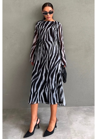 Madmext Gri Zebra Desenli Şifon Midi Elbise Mg2854