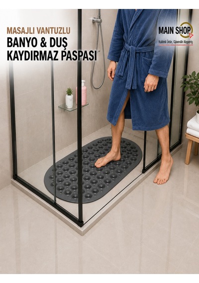 Mainshop Kaydırmaz Duşakabin Banyo Ve Duş Paspası Masajlı Vantuzla Yapışır 37 X 69 Cm M-142 Gri