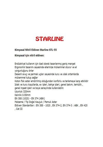 Kimyasal Nitril Eldiven Starline Stl-55 (9-9,5 Numara)5 Çift