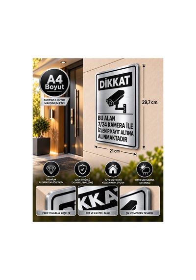 Dikkat Bu Alan 7 24 Kamera İle İzlenip Kayıt Altına Alınmaktadır Metal Levha A4 Boyutunda Sürpriz Hediyeli