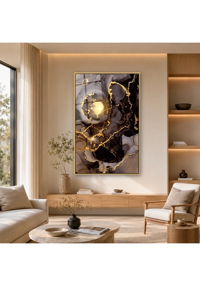 Siyah Füme Altın Halkalar Gold Çerçeveli Cam Tablo
