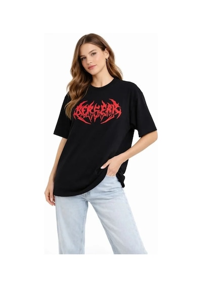 Baskılı T-shirt Yazlık Kısa Kol Bisiklet Yaka Rahat Kalıp Tişört - Siyah