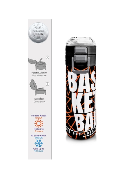 Coral High 500 Ml Paslanmaz Çelik Okul Termosu/suluk/matara - Erkek Çocuk - Siyah Basketbol Baskılı - Sızdırma Yapmaz Çok Renkli